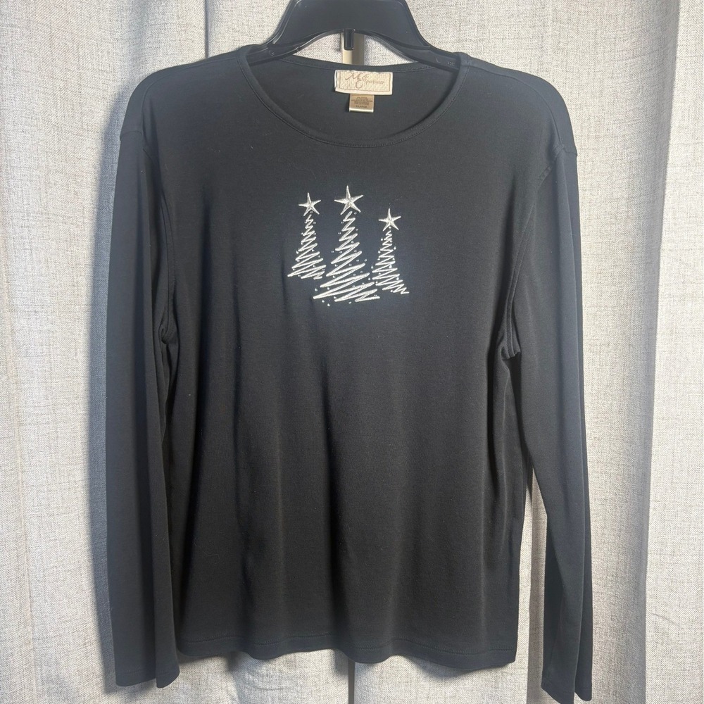 M&C Sportswear Womens XL Black Christmas Tree Embroidered Long Sleeve Top